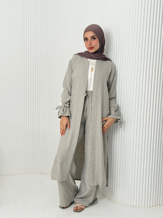 Linen Cardigan Set In Grey