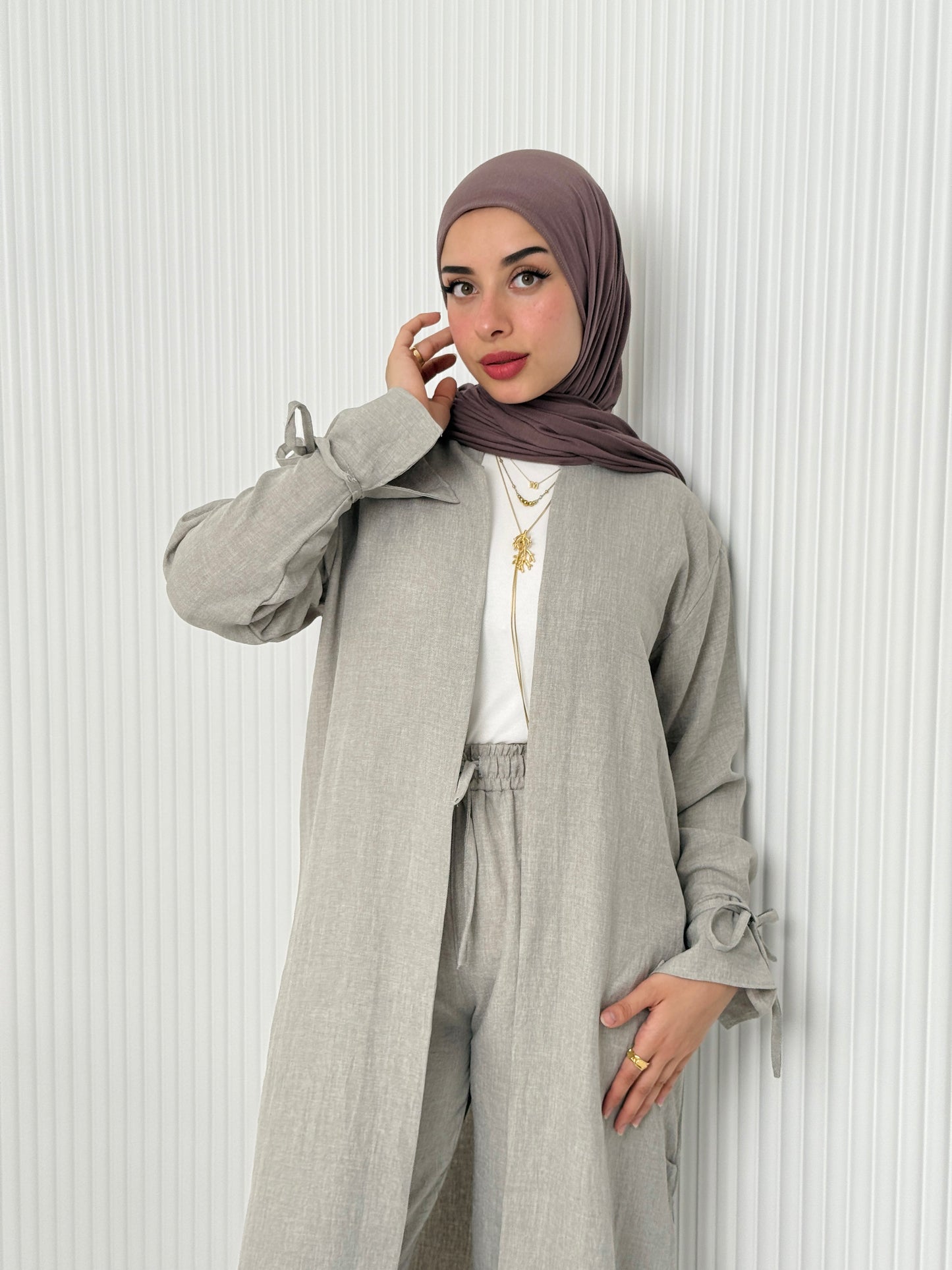 Linen Cardigan Set In Grey
