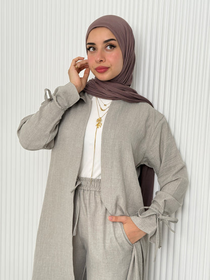 Linen Cardigan Set In Grey