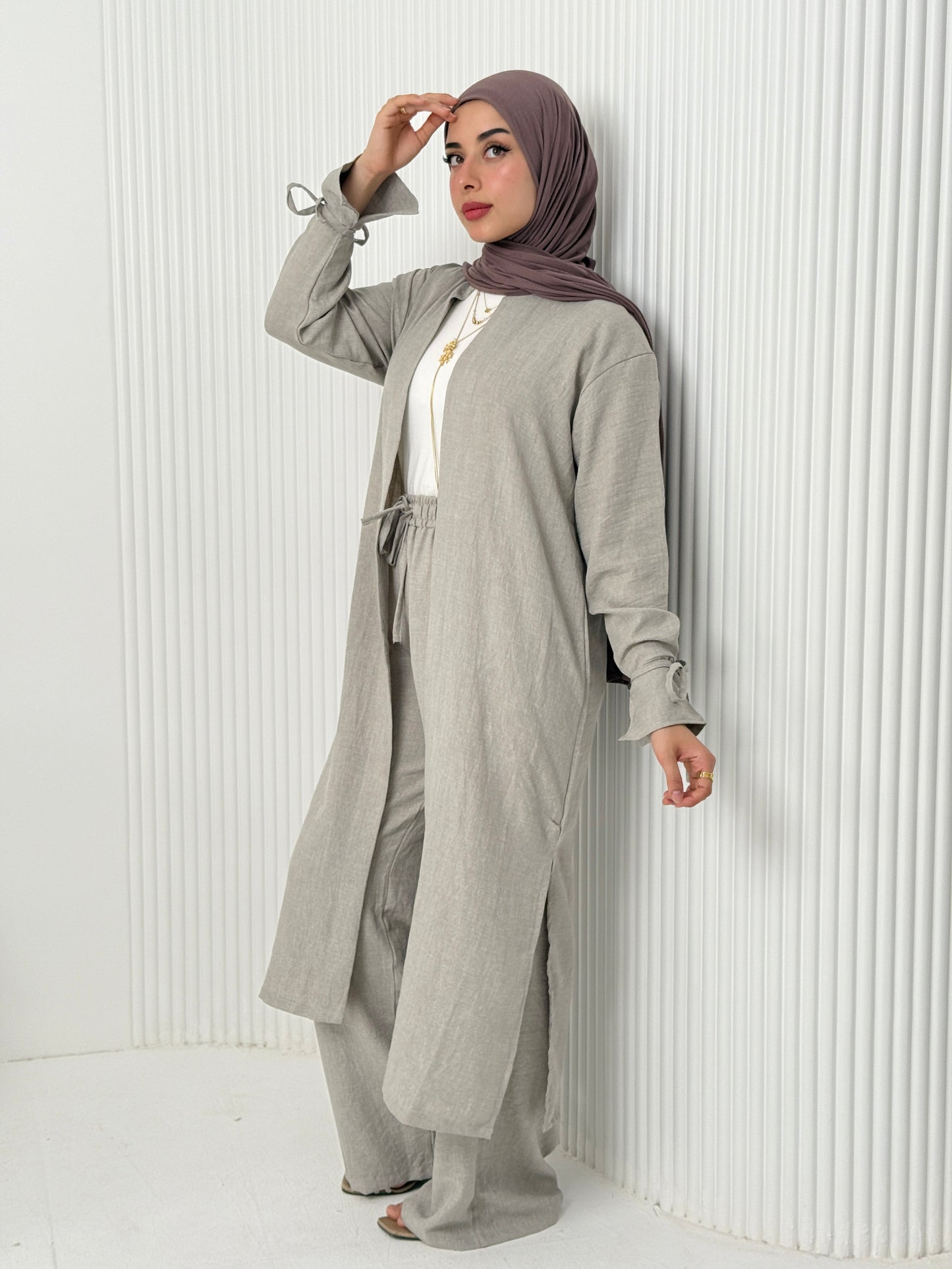 Linen Cardigan Set In Grey