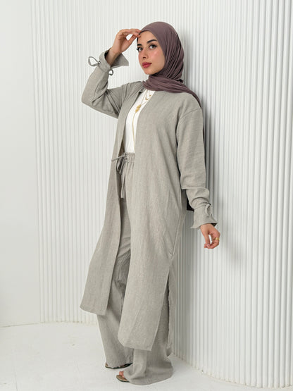 Linen Cardigan Set In Grey