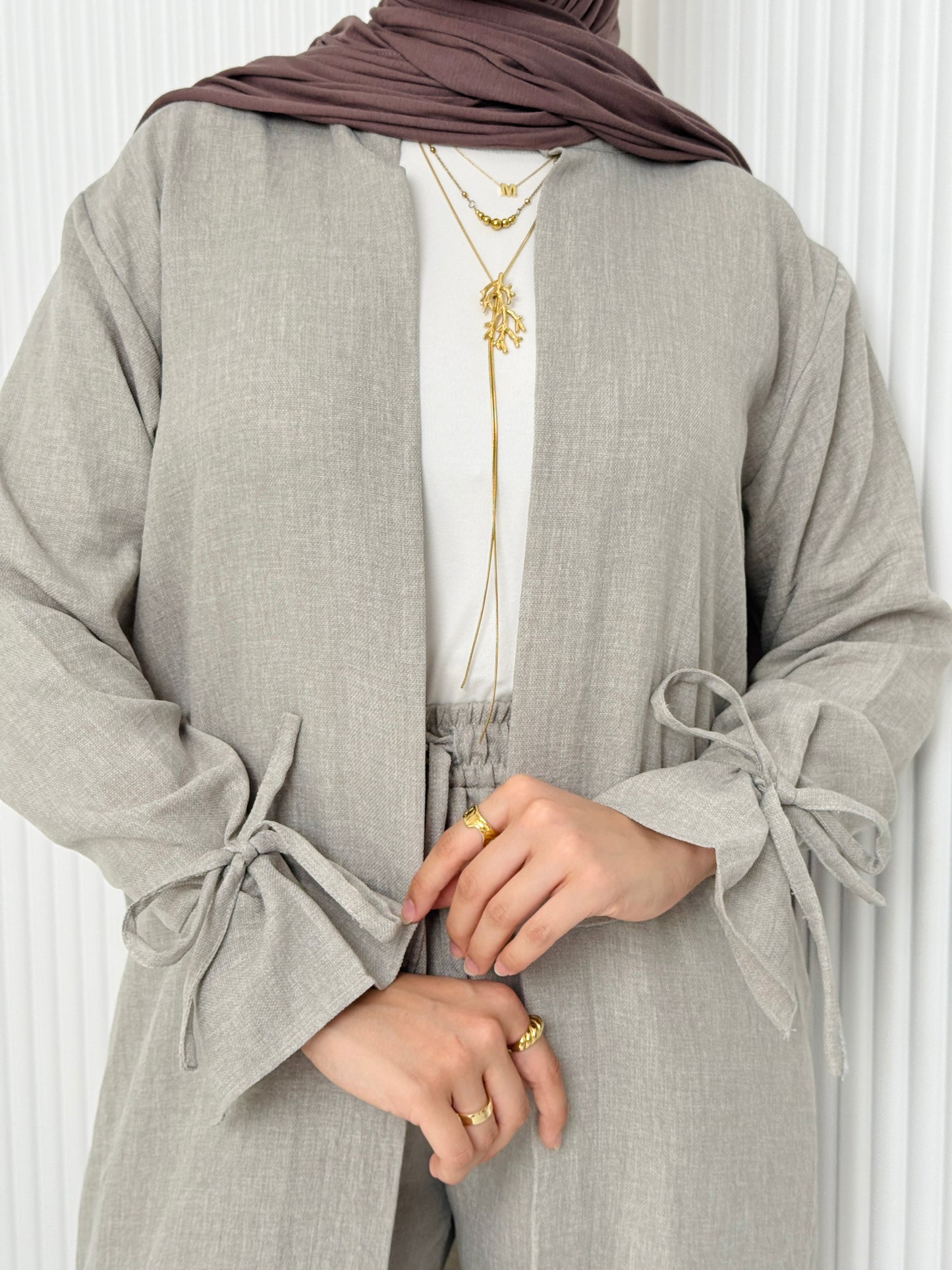 Linen Cardigan Set In Grey