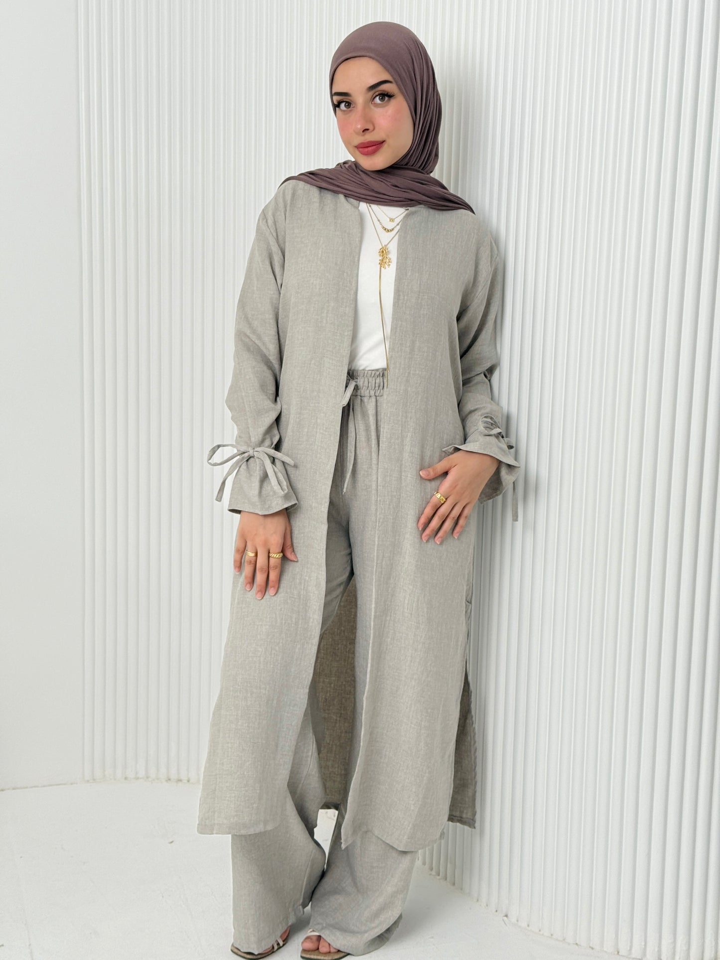 Linen Cardigan Set In Grey