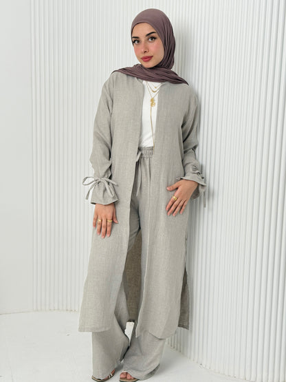 Linen Cardigan Set In Grey