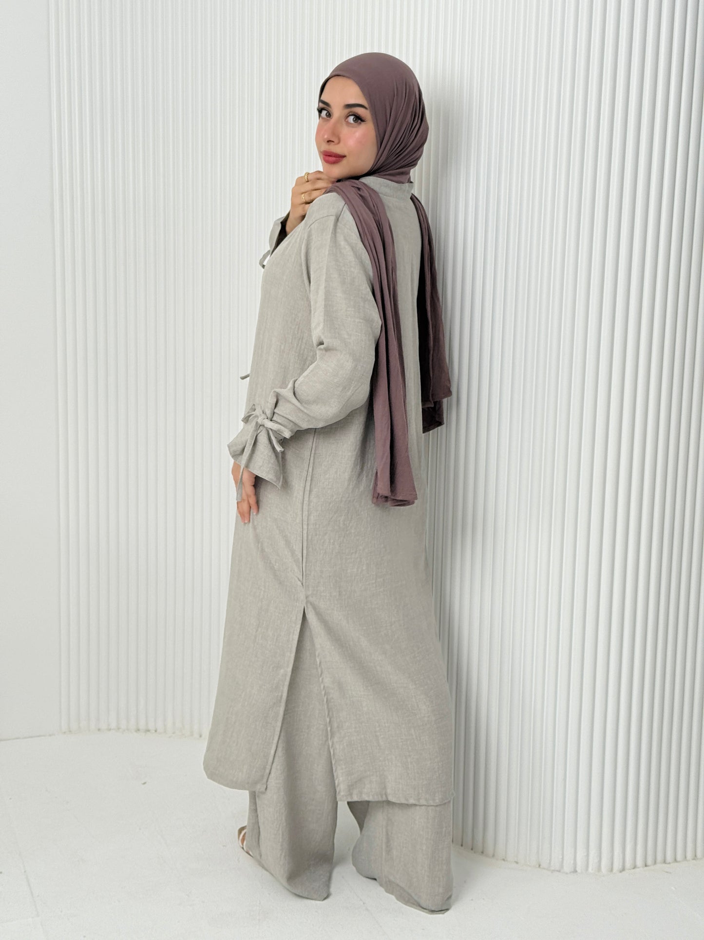 Linen Cardigan Set In Grey