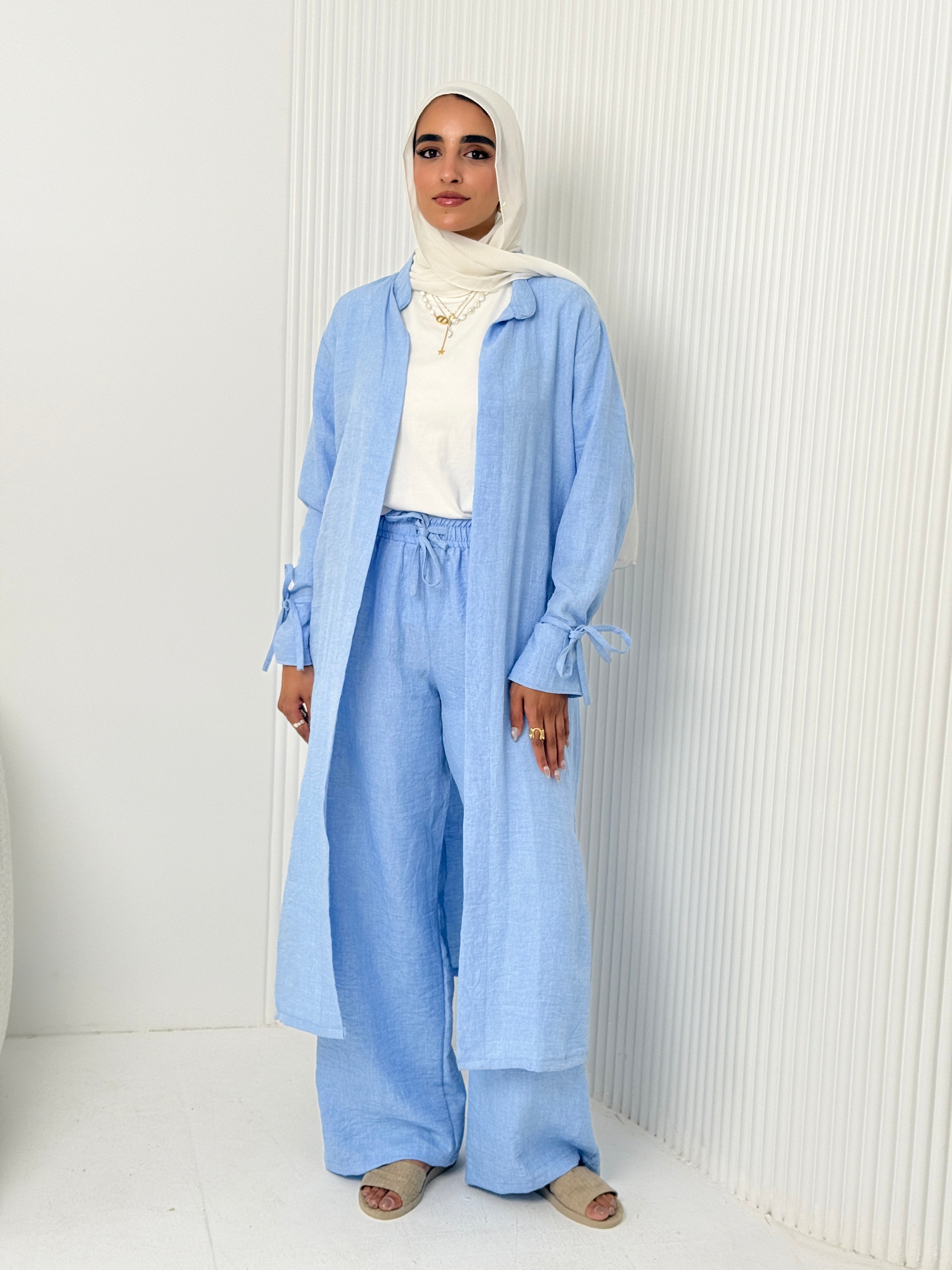 Linen Cardigan Set In Baby-Blue