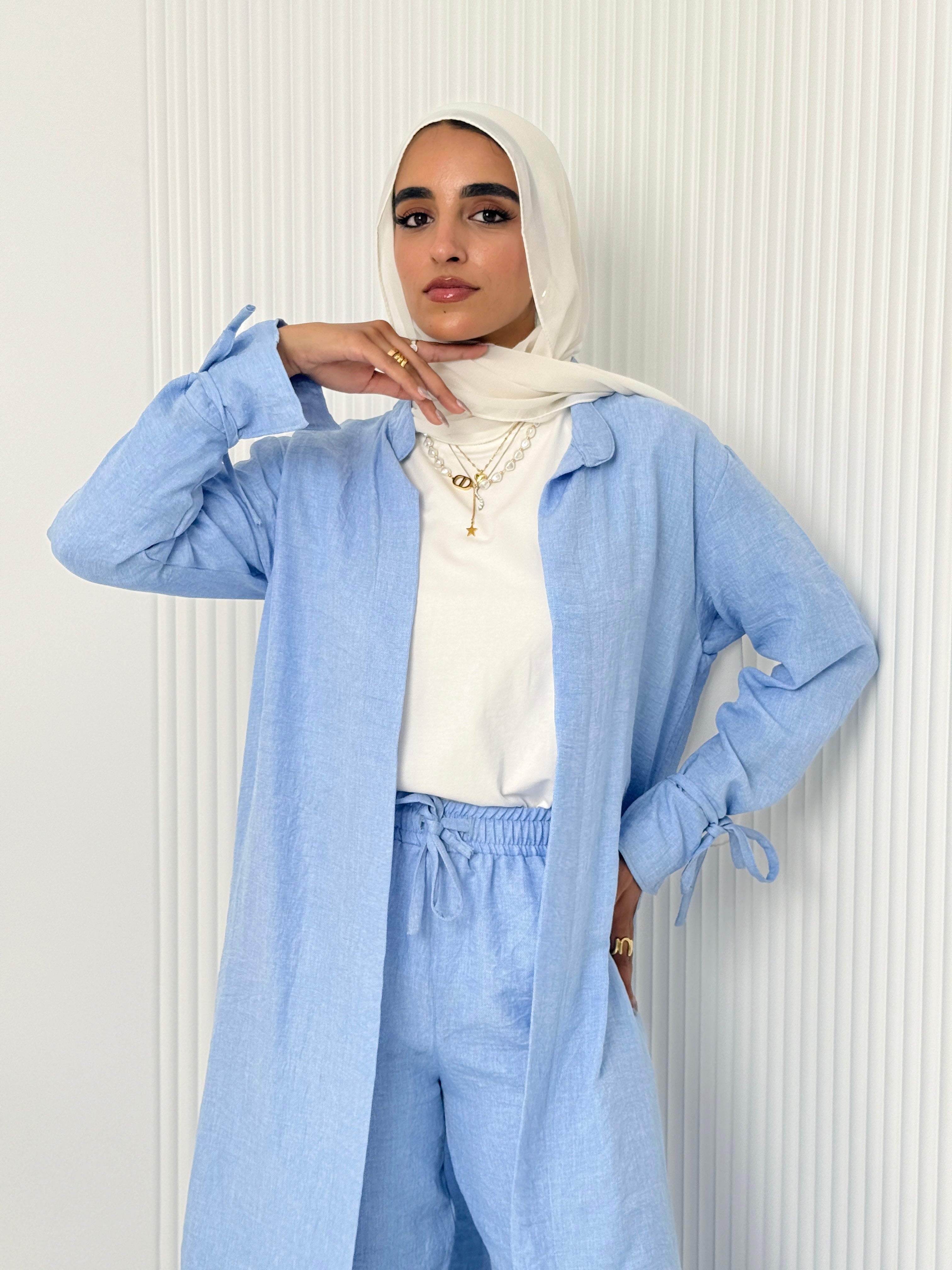 Linen Cardigan Set In Baby-Blue