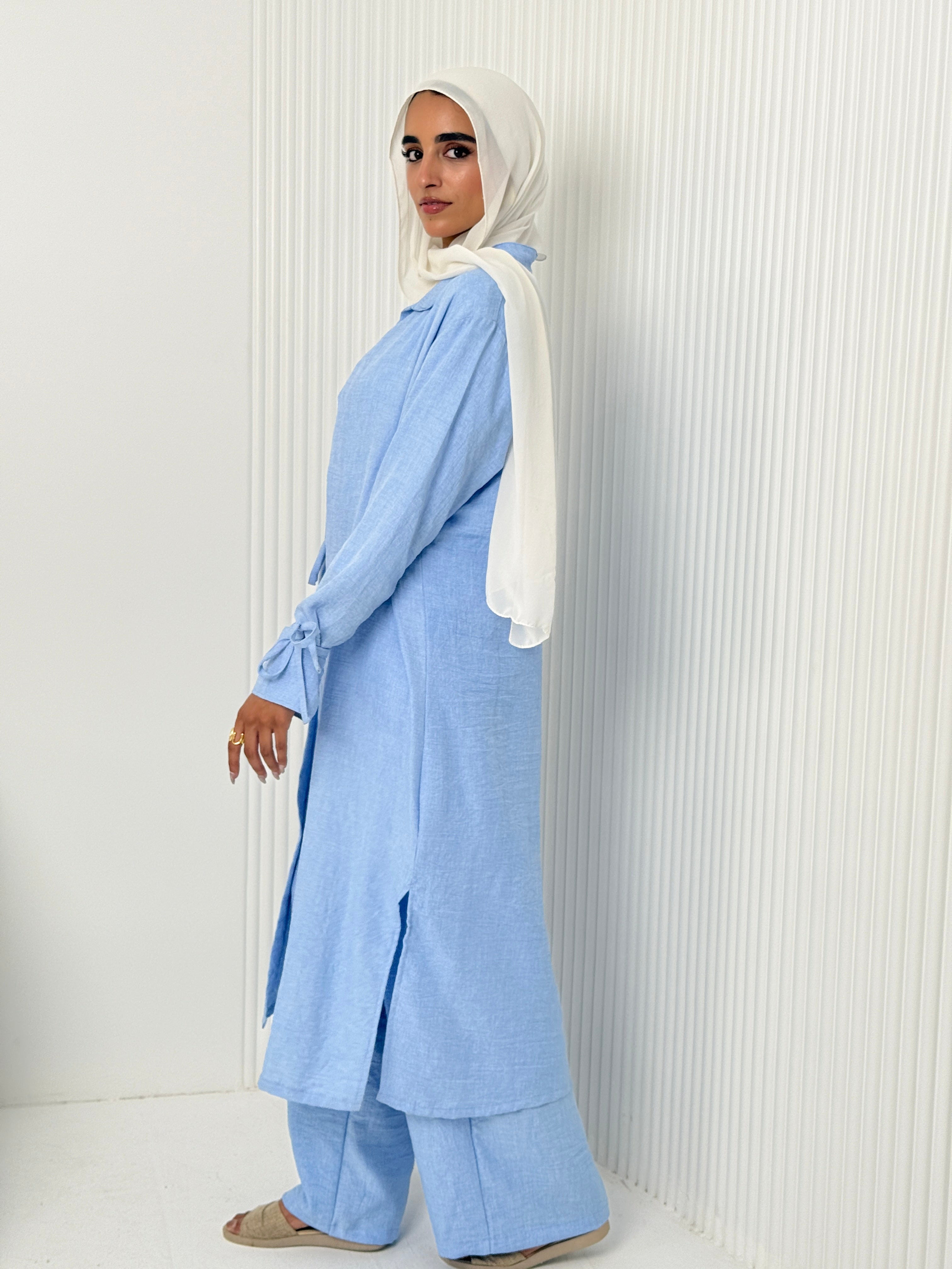 Linen Cardigan Set In Baby-Blue