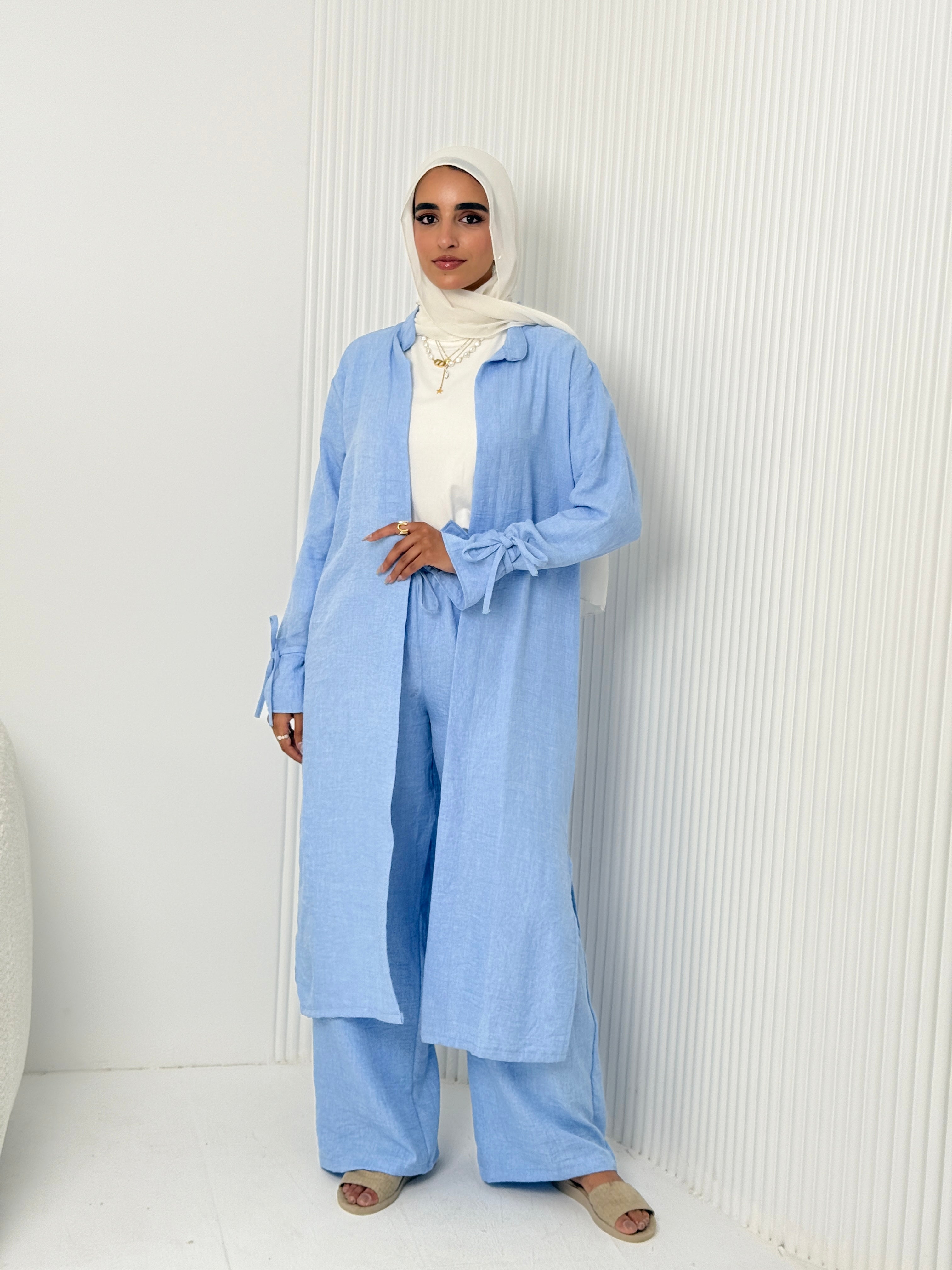 Linen Cardigan Set In Baby-Blue