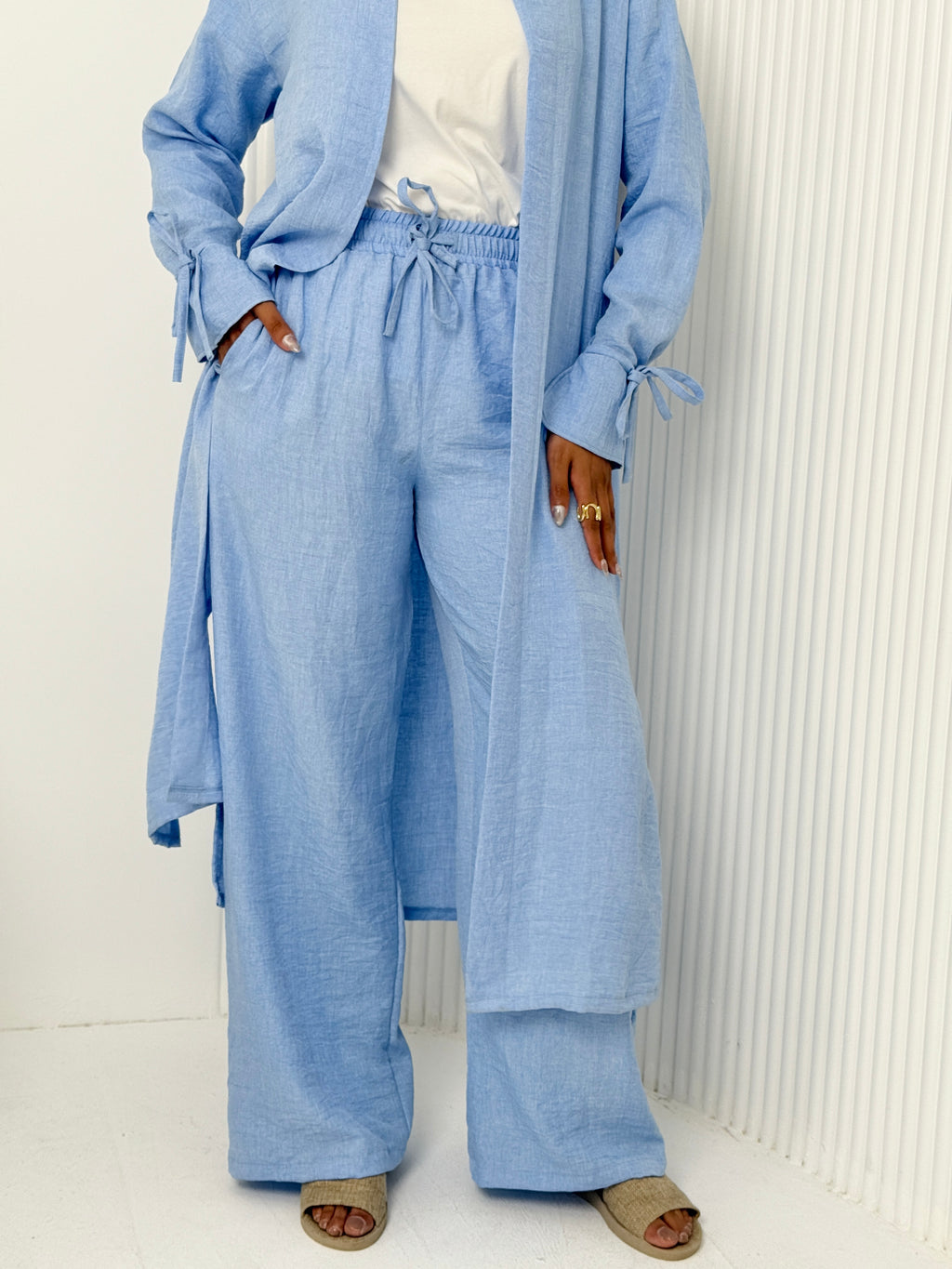 Linen Cardigan Set In Baby-Blue