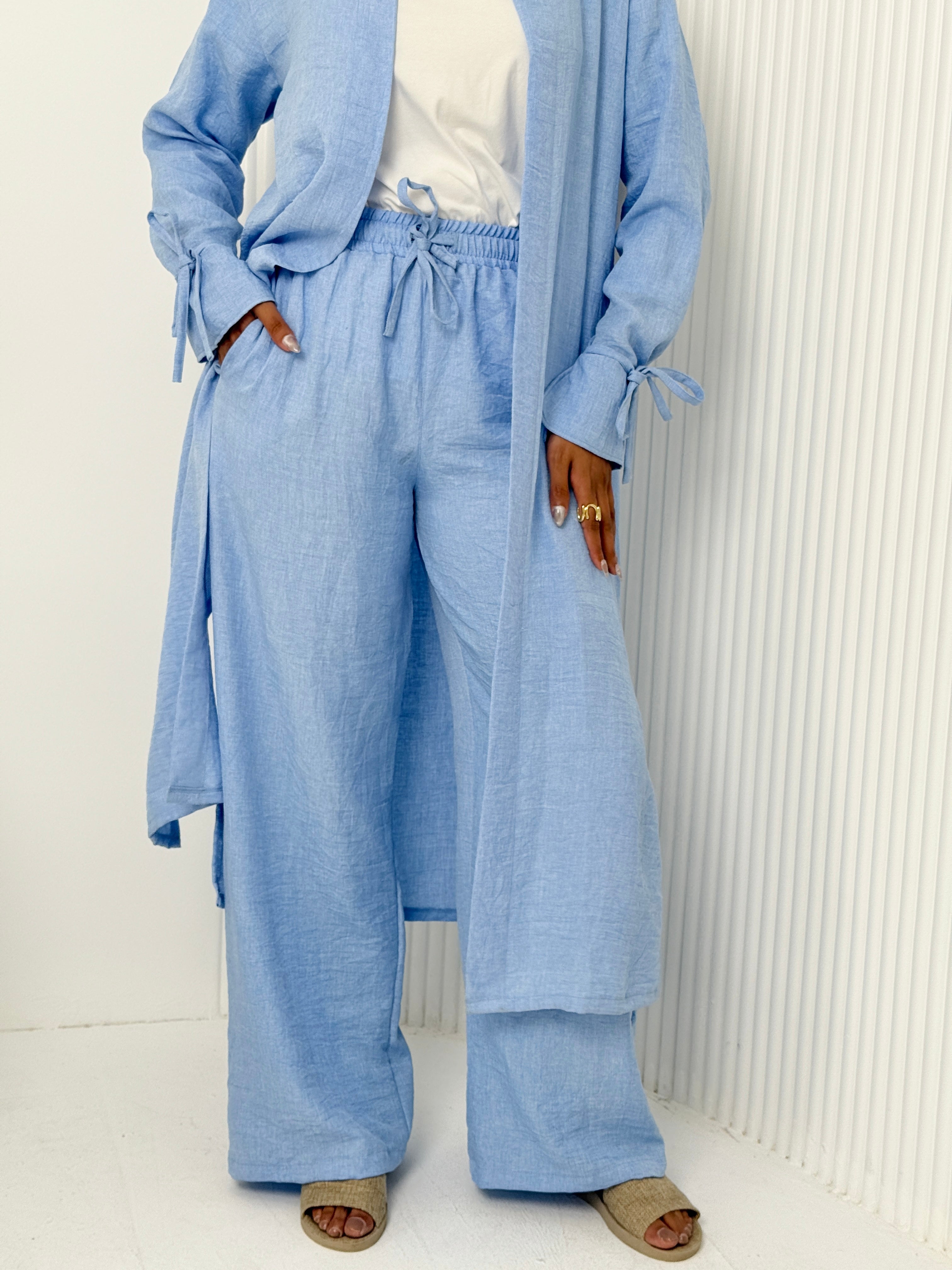 Linen Cardigan Set In Baby-Blue