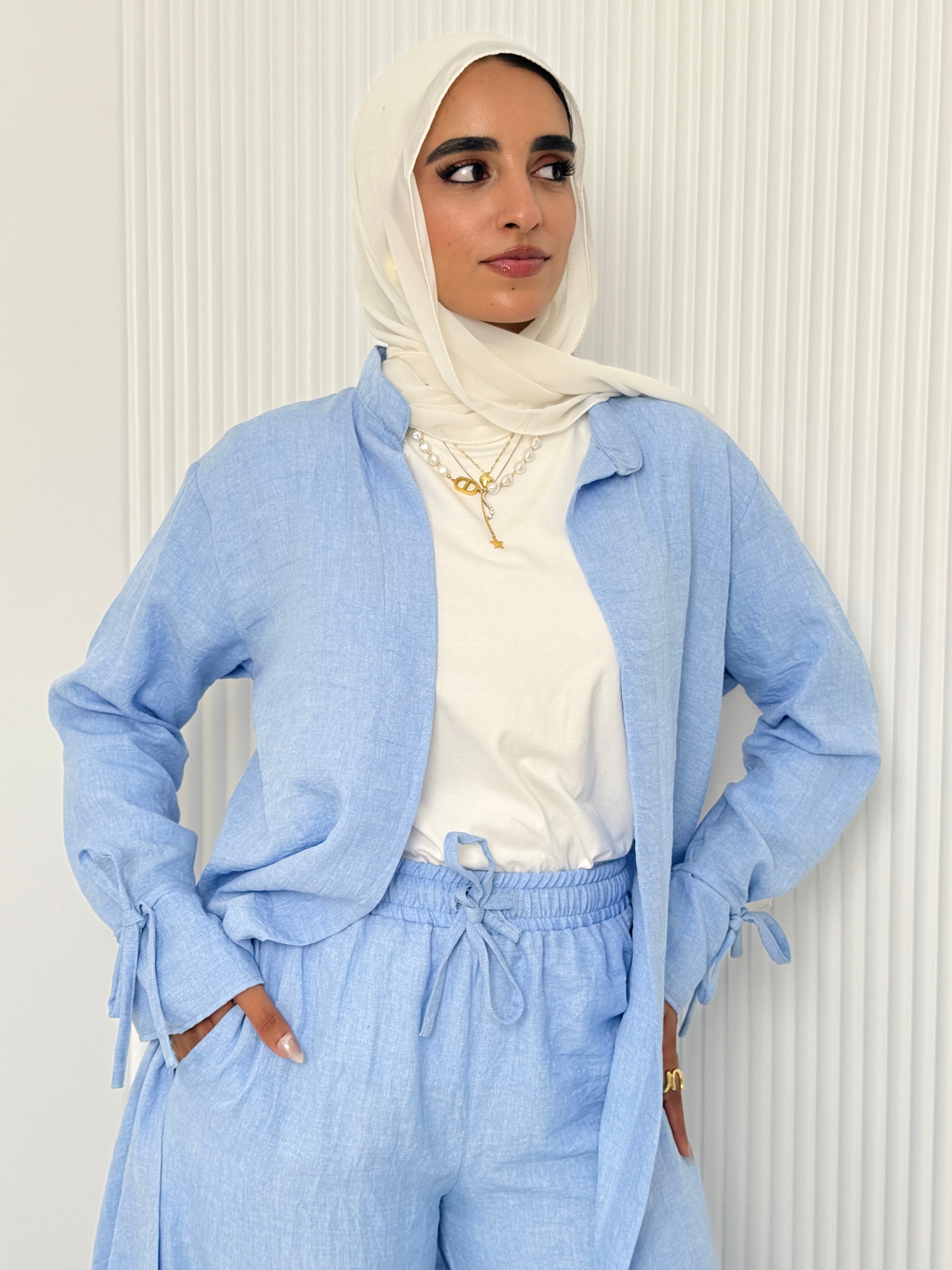 Linen Cardigan Set In Baby-Blue