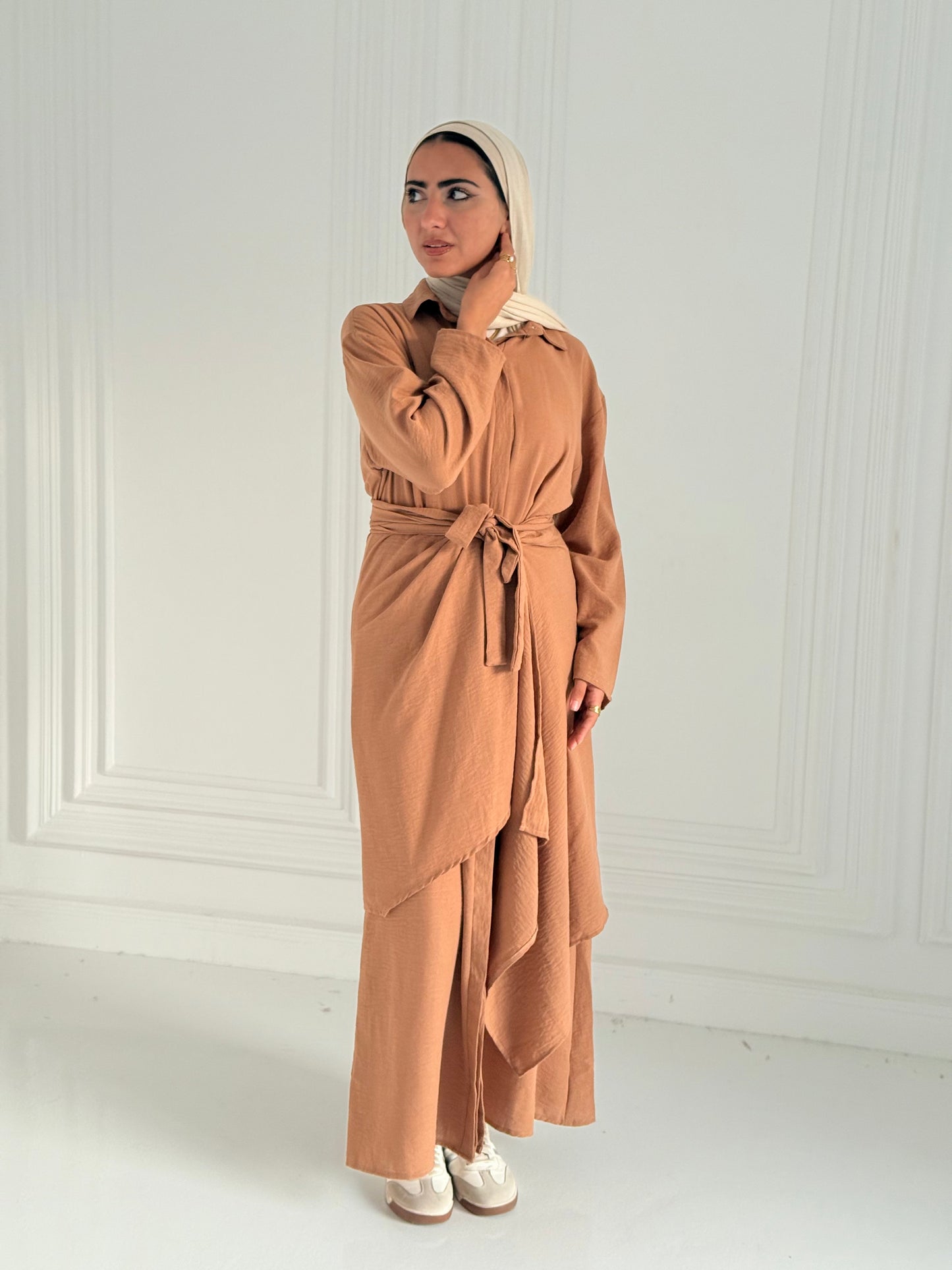 Extension Long Shirt Dress In Brown