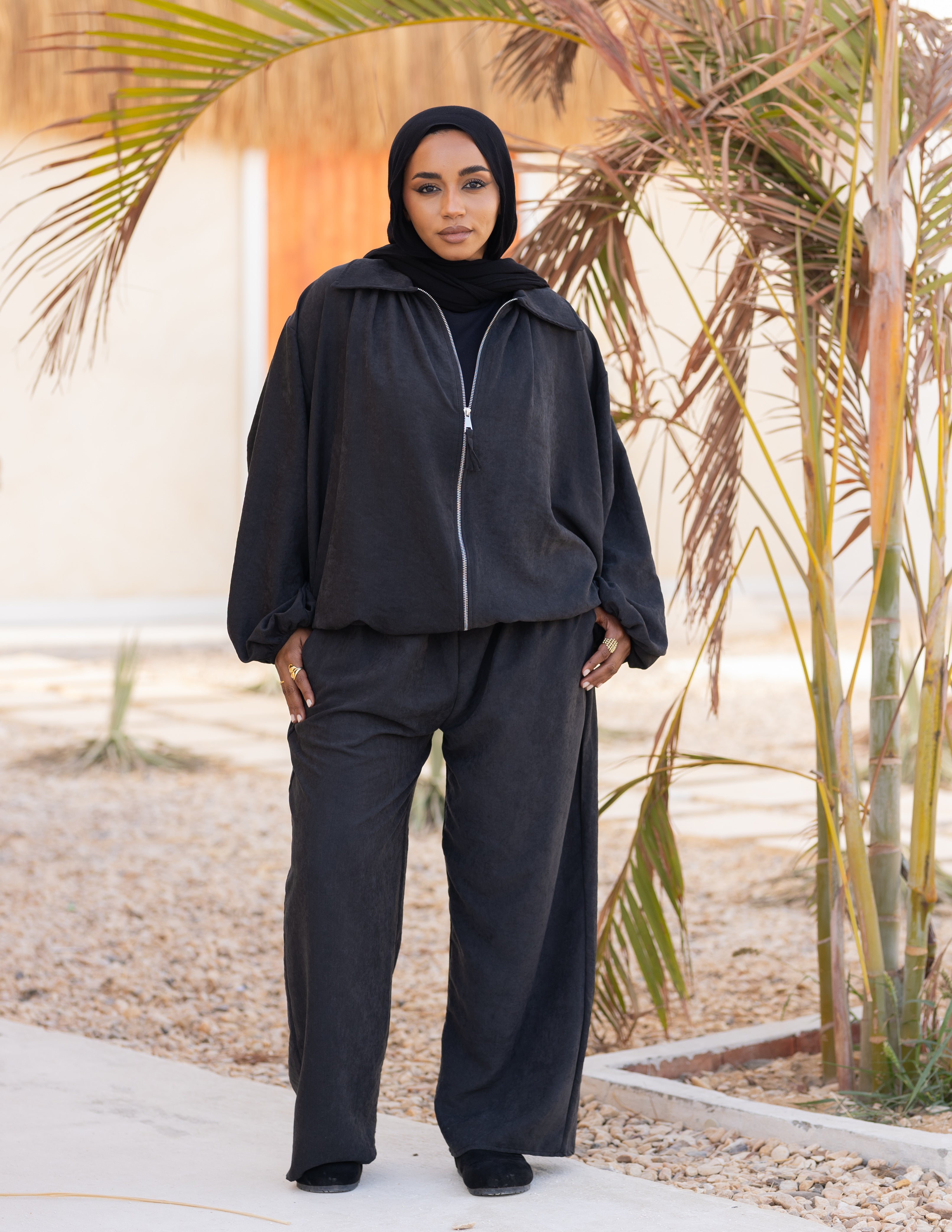 Flowy Bomber Set — Washed Black