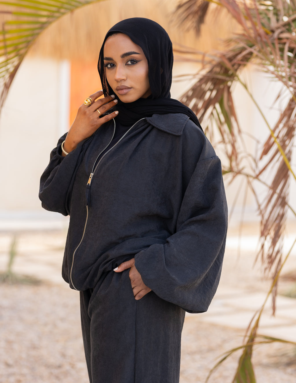 Flowy Bomber Set — Washed Black