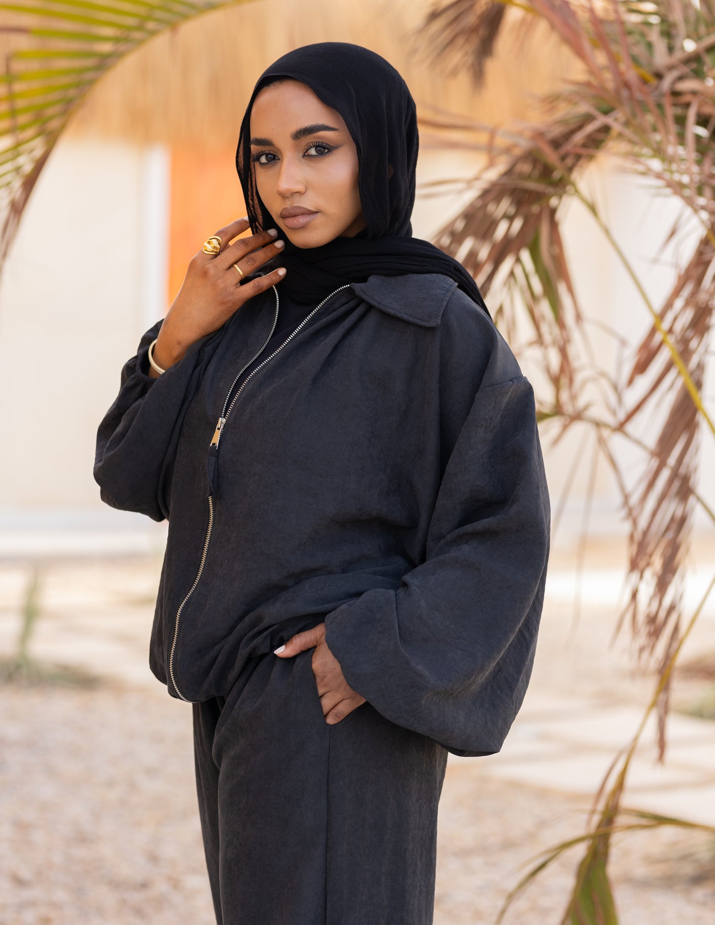 Flowy Bomber Set — Washed Black