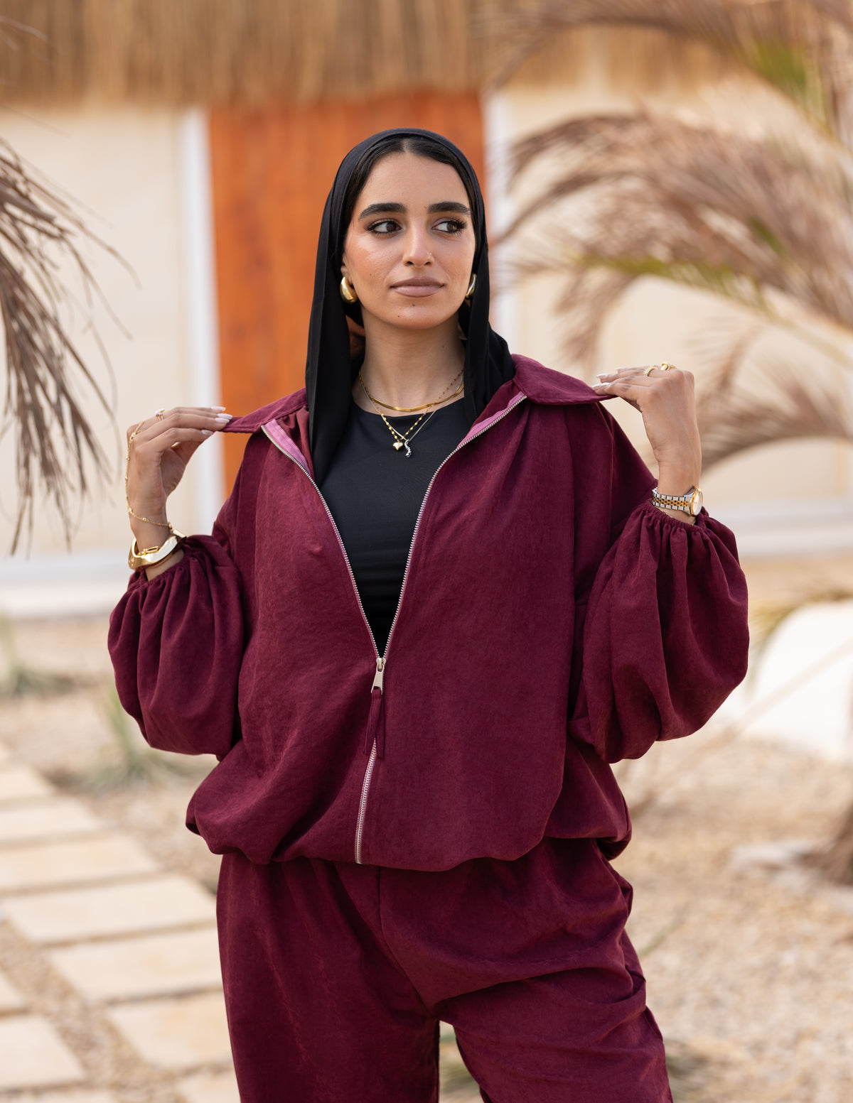 Flowy bomber set — burgundy