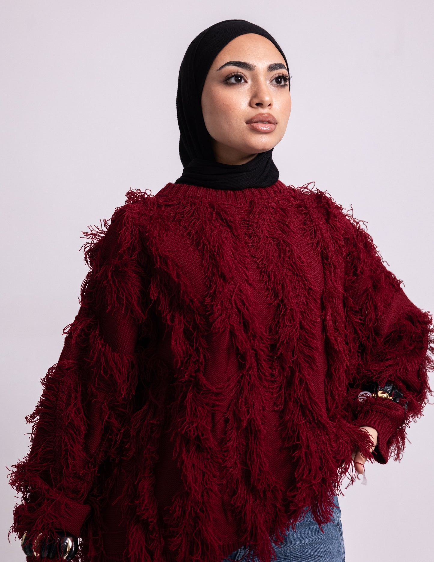 Fringed Knyt Pullover — Maroon