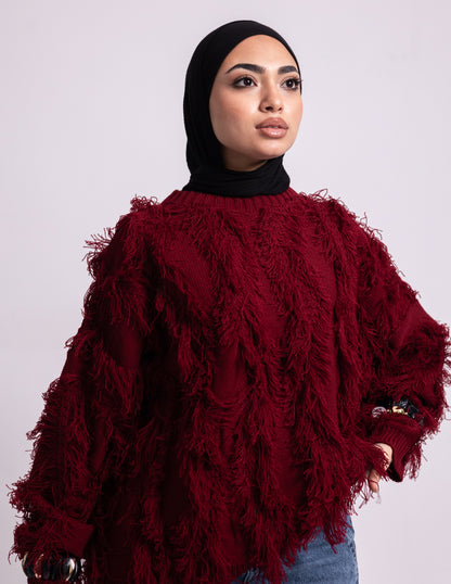 Fringed Knyt Pullover — Maroon