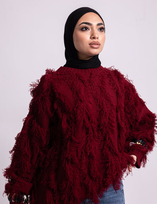 Fringed Knyt Pullover — Maroon