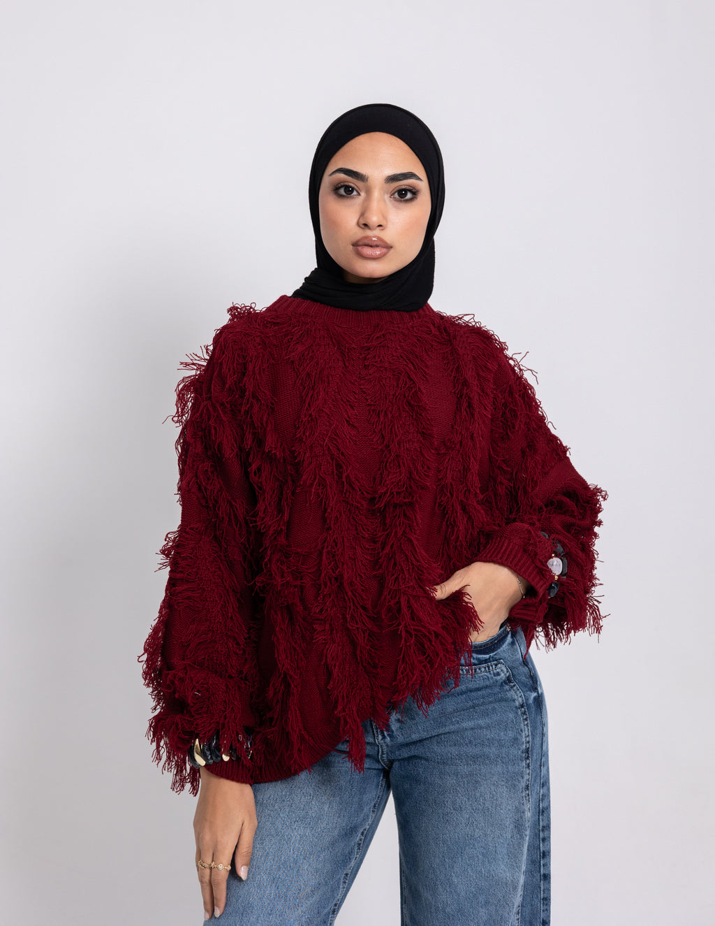 Fringed Knyt Pullover — Maroon