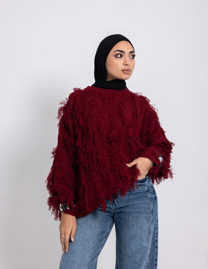 Fringed Knyt Pullover — Maroon