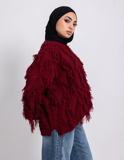 Fringed Knyt Pullover — Maroon