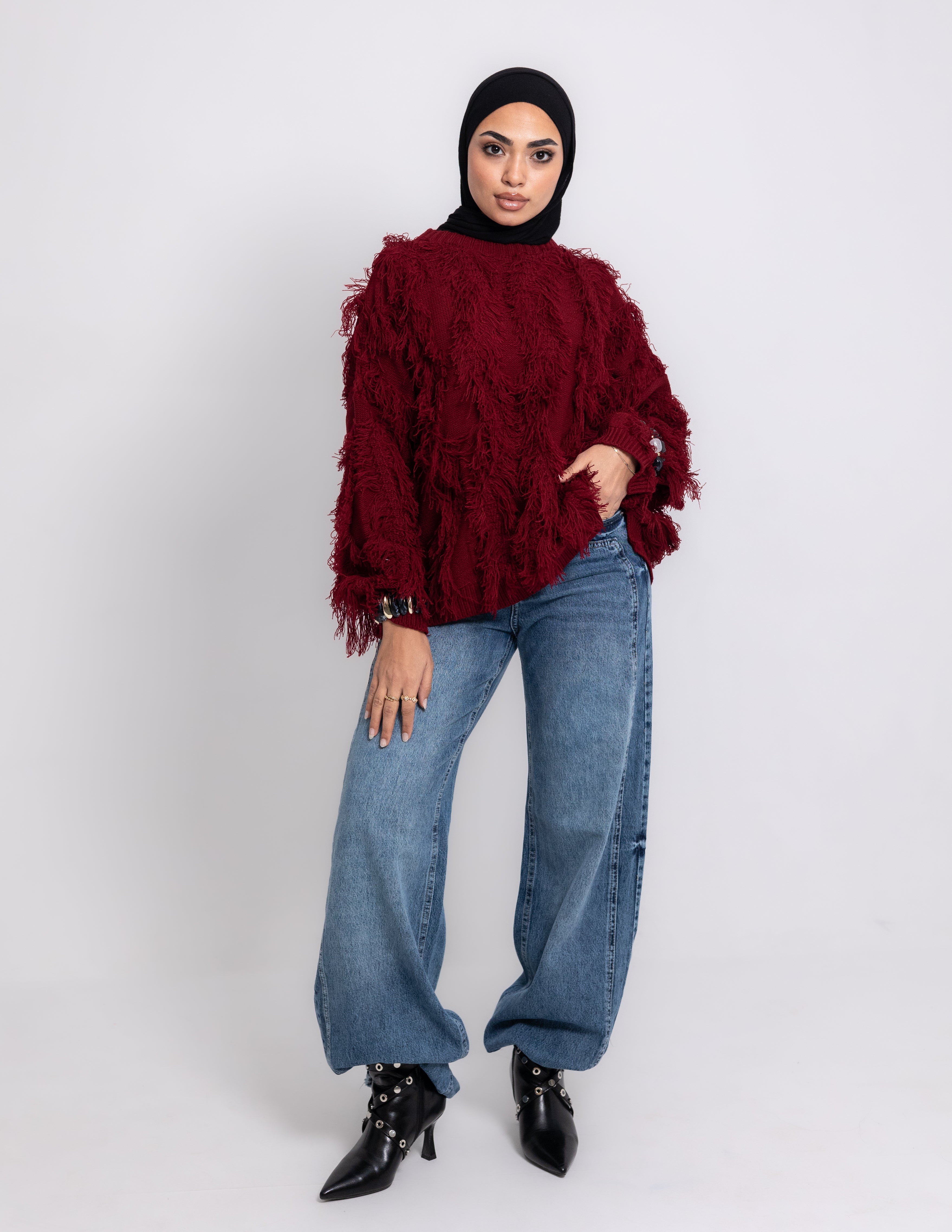 Fringed Knyt Pullover — Maroon