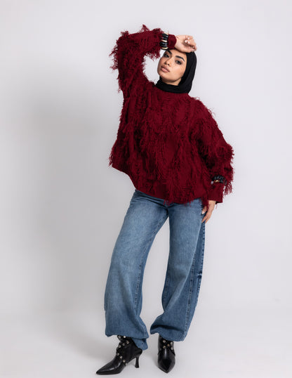 Fringed Knyt Pullover — Maroon