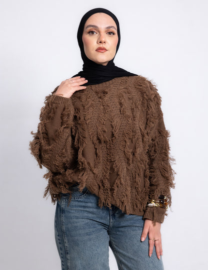 Fringed Knyt Pullover — Brown