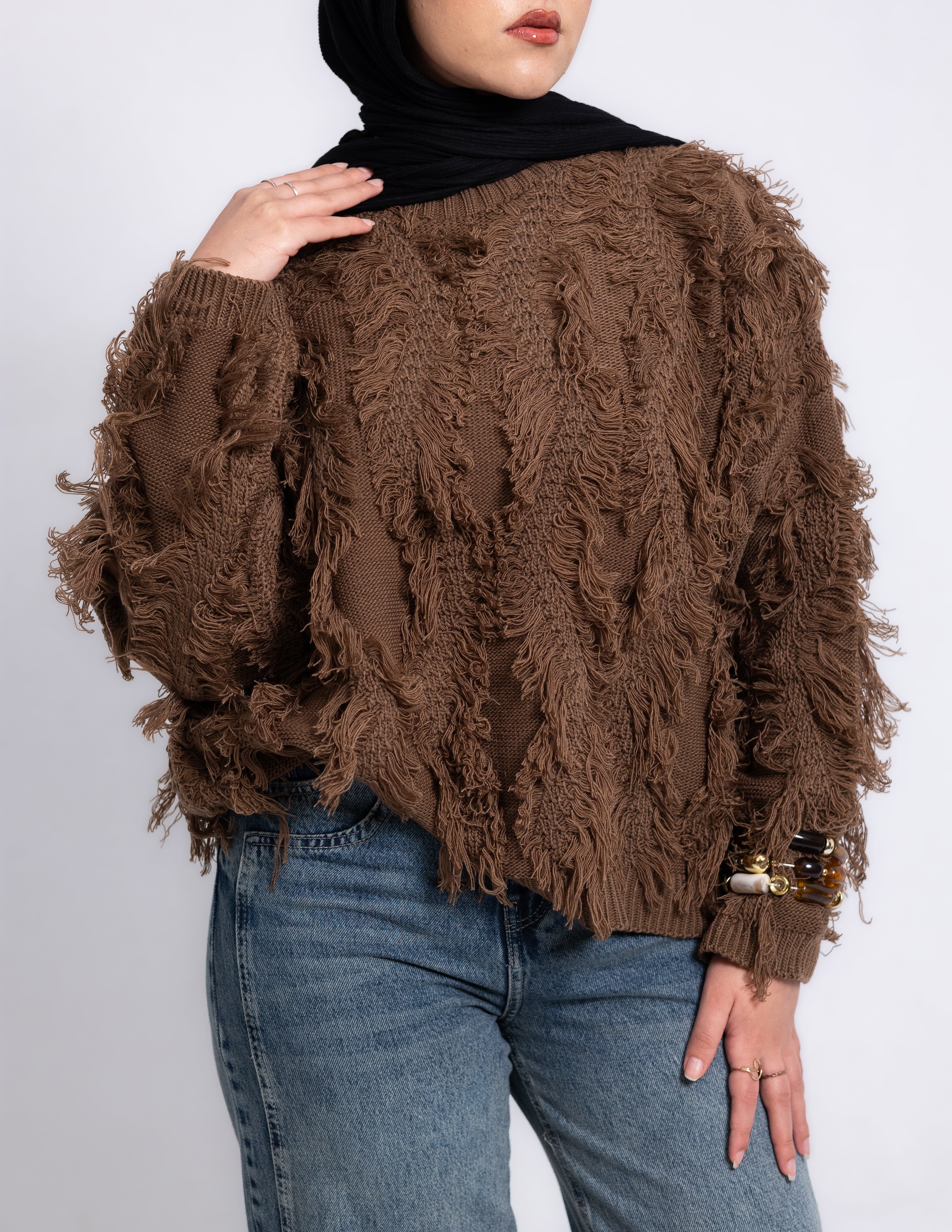 Fringed Knyt Pullover — Brown