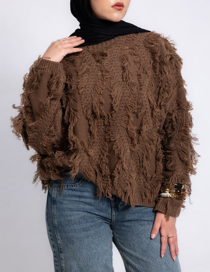 Fringed Knyt Pullover — Brown