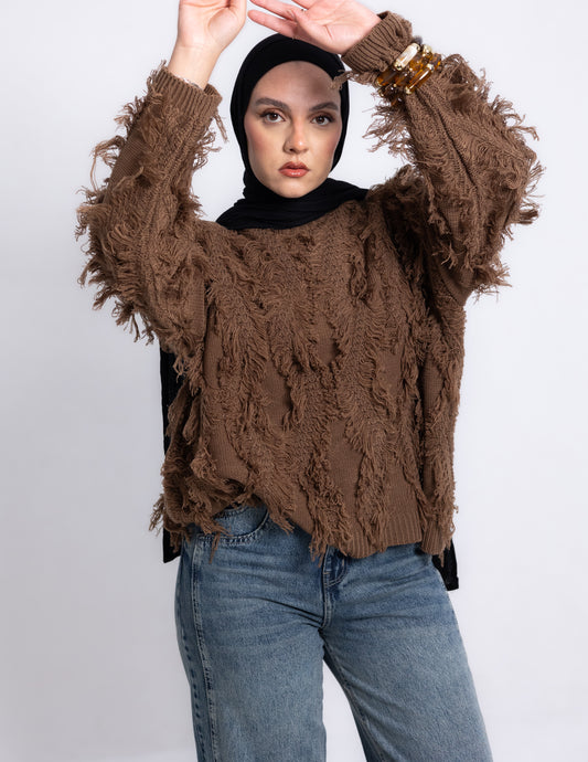 Fringed Knyt Pullover — Brown