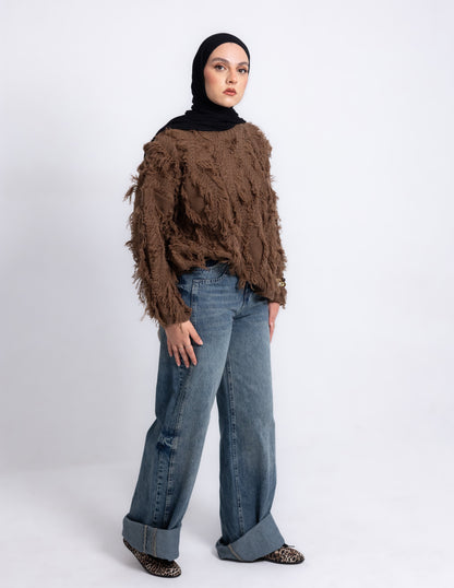 Fringed Knyt Pullover — Brown
