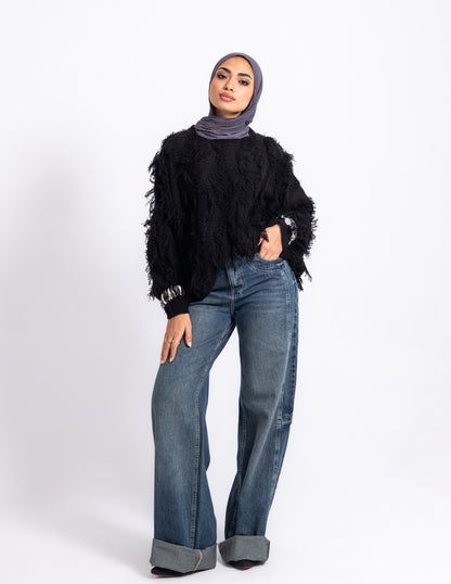 Fringed Knyt Pullover — Black