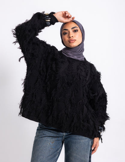 Fringed Knyt Pullover — Black