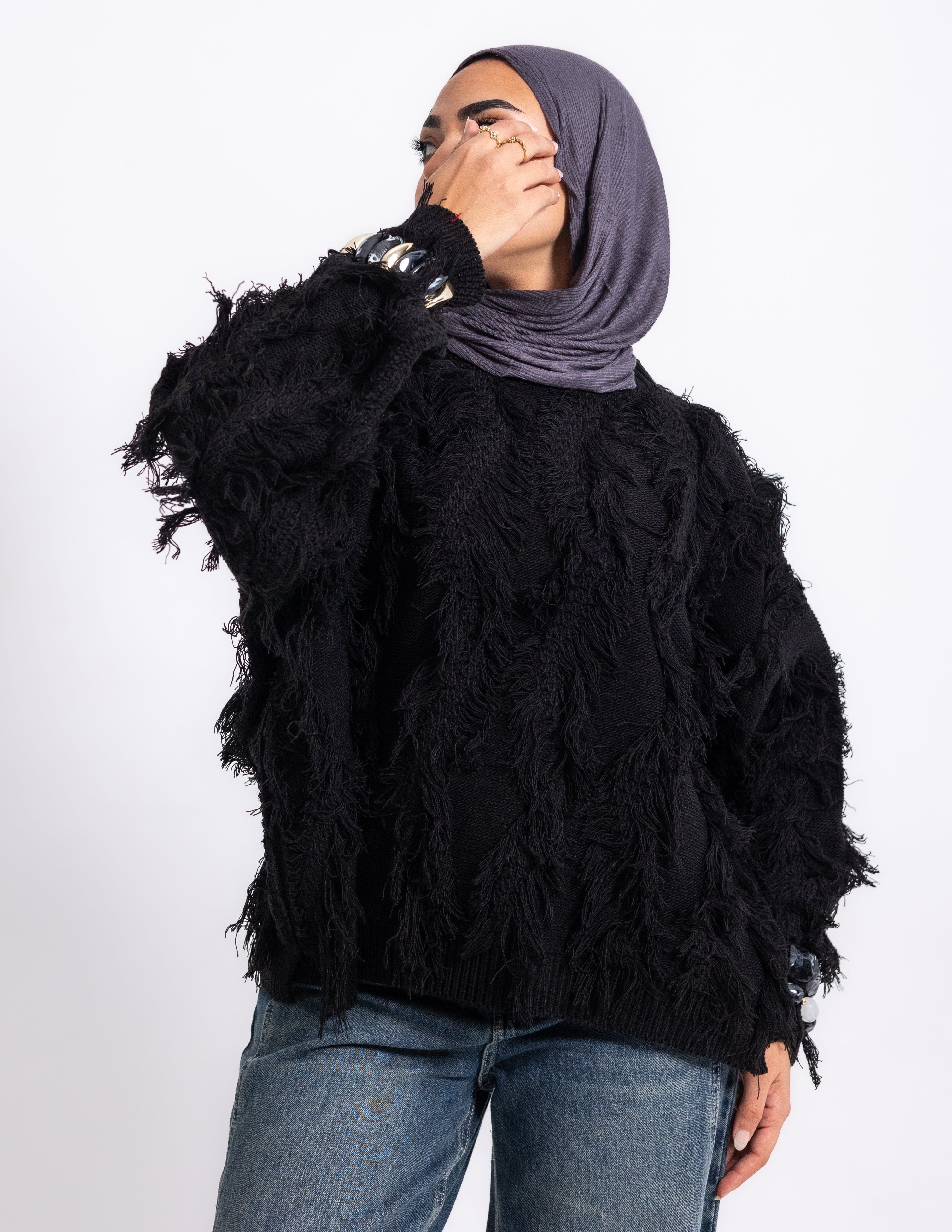 Fringed Knyt Pullover — Black