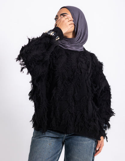 Fringed Knyt Pullover — Black