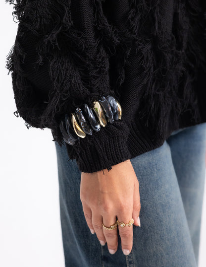 Fringed Knyt Pullover — Black
