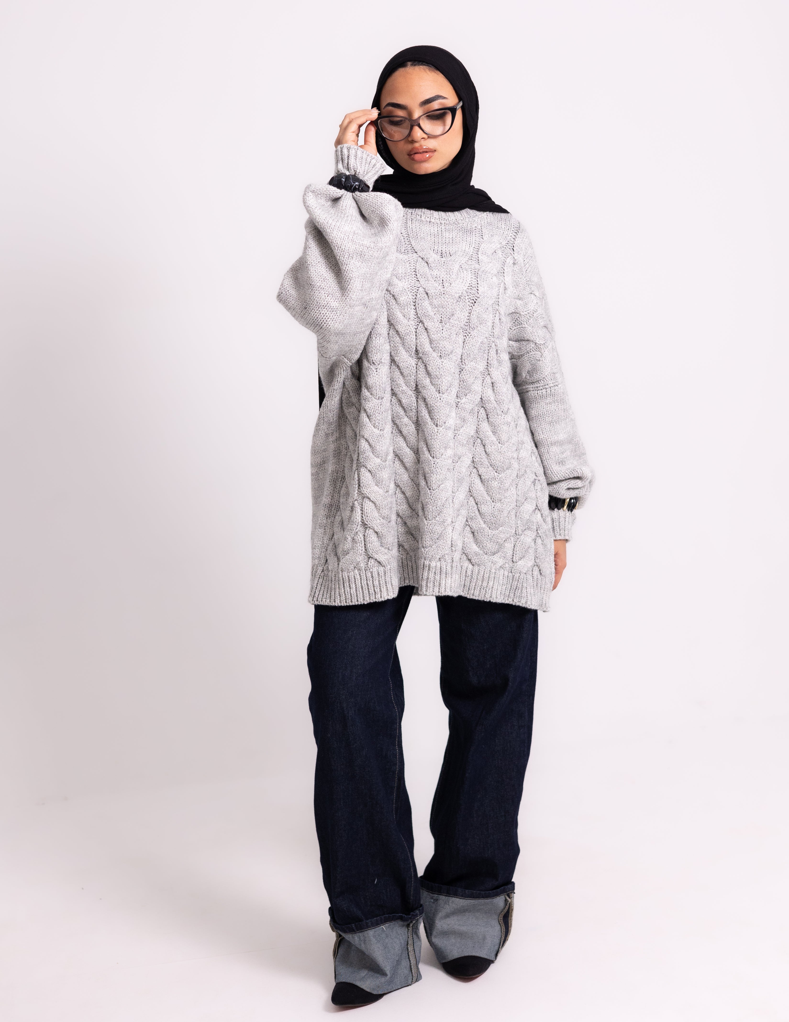 Braided Knyt Pullover — Light Grey